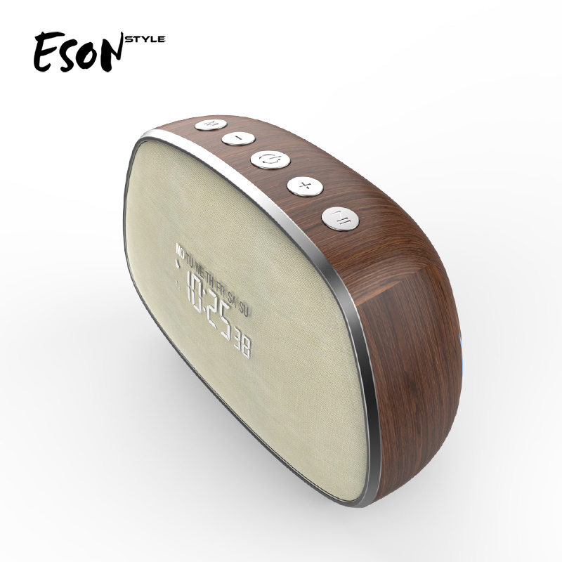 Eson Style classic wooden wireless Bluetooth V5.0 night light FM Radio surround sound trending Dual alarm clock tws speakers