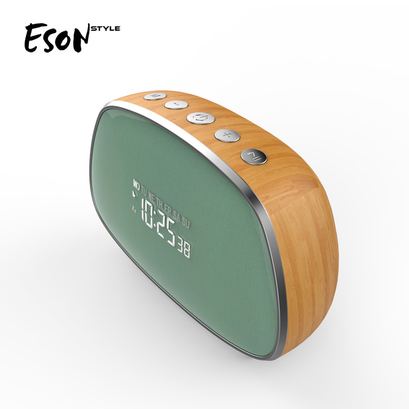 Eson Style classic wooden wireless Bluetooth V5.0 night light FM Radio surround sound trending Dual alarm clock tws speakers