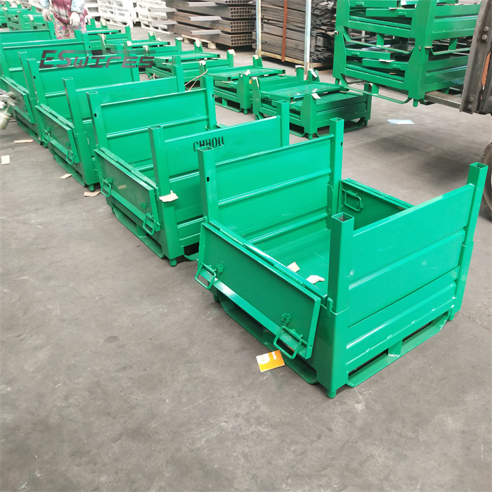 Forklift pallet truck storage transport welded gray lacquered steel stacking box with four sturdy legs