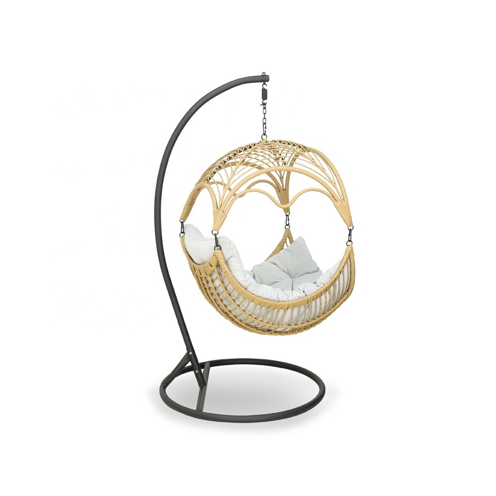 Swing Egg Chair with Stand for Indoor Outdoor, Patio Wicker Hanging Chair, Soft Cushion and Steel Stand, for Backyard Bedroom B