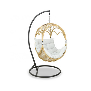 Swing Egg Chair with Stand for Indoor Outdoor, Patio Wicker Hanging Chair, Soft Cushion and Steel Stand, for Backyard Bedroom B