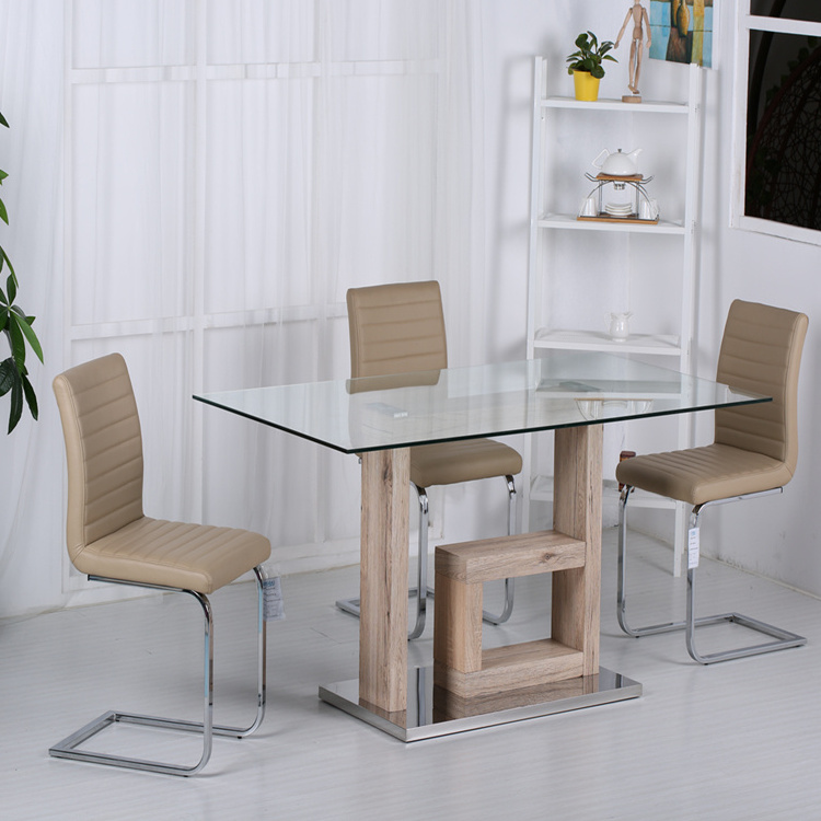 Latest Living Room Furniture Designs MDF Wooden Stainless Steel Bases Dining Table With Clear Glass Top