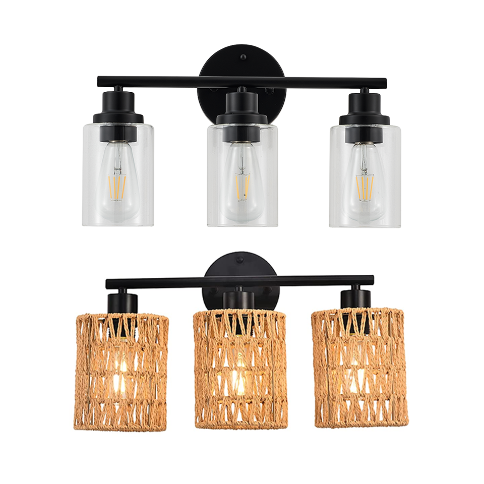 3 Light Bathroom Light Fixtures Black Modern Vanity Lights Clear Glass Shade Hallway Cabinet Porch Bathroom Mirror Wall Lamp