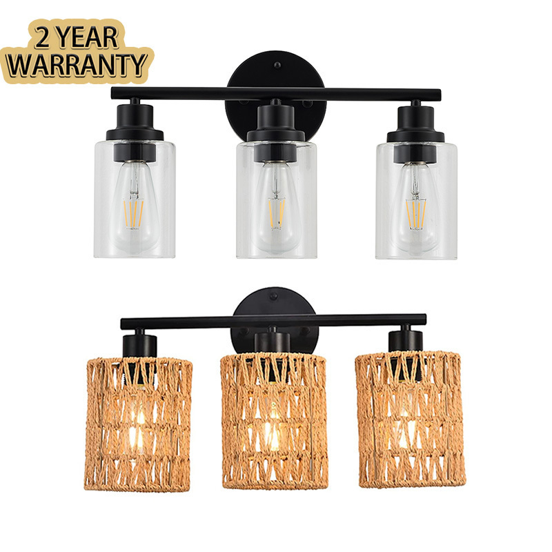 3 Light Bathroom Light Fixtures Black Modern Vanity Lights Clear Glass Shade Hallway Cabinet Porch Bathroom Mirror Wall Lamp