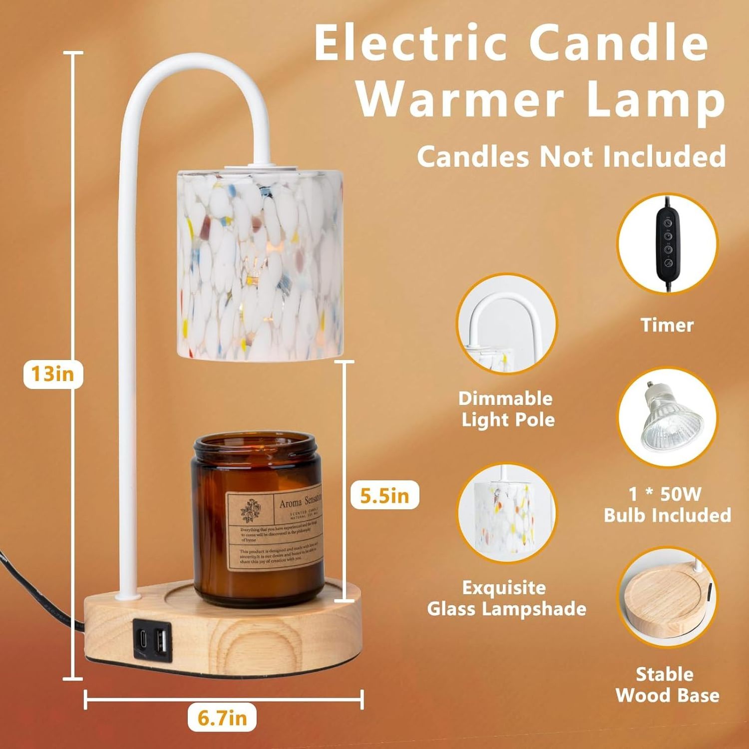 Luxury nordic LED candle warmers electric metal lamp wax melts glass wooden base USB charging ports dimmable candle warmer lamp