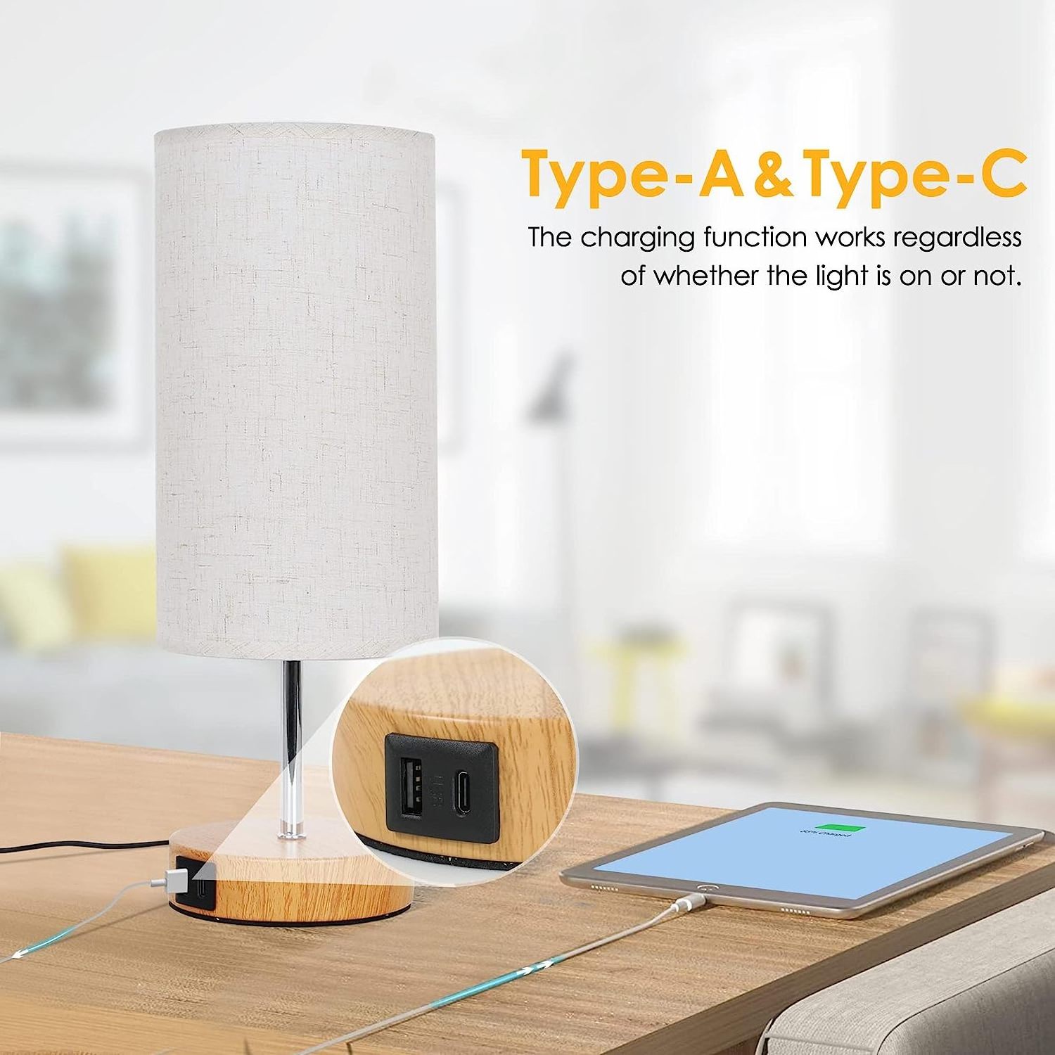 LED Bulb Included USB Type A Type C 3 Way Dimmable Round Wooden Grain Base Linen Fabric Shade Bedroom Touch Nightstand Lamp