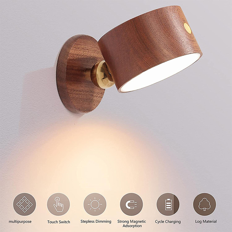 ESPADA Amazon Hot Led Wooden Wall Lamp 360 Rotatable Dimmable Rechargeable Wall Lights Battery Operated Magnetic Led Night Light