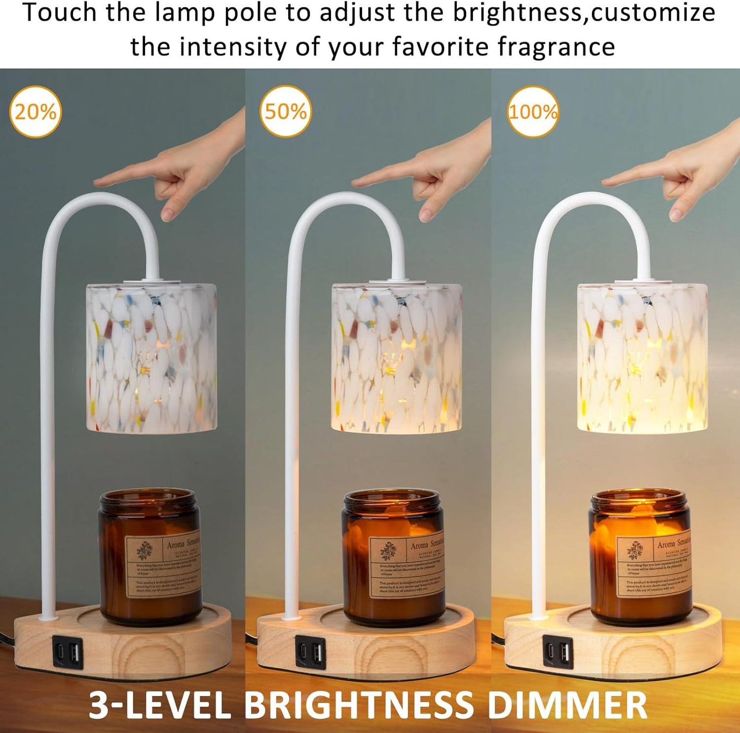 Luxury nordic LED candle warmers electric metal lamp wax melts glass wooden base USB charging ports dimmable candle warmer lamp