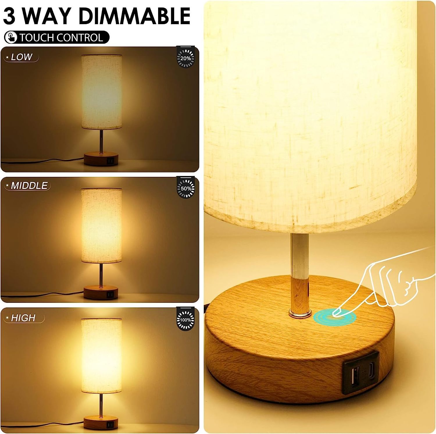 LED Bulb Included USB Type A Type C 3 Way Dimmable Round Wooden Grain Base Linen Fabric Shade Bedroom Touch Nightstand Lamp