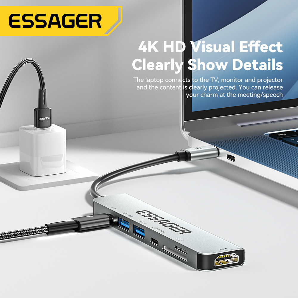 Essager QingHong 7 in 1 60W USB HUB 4K 30Hz Multifunction Ports Fast Transmission USB C Hub