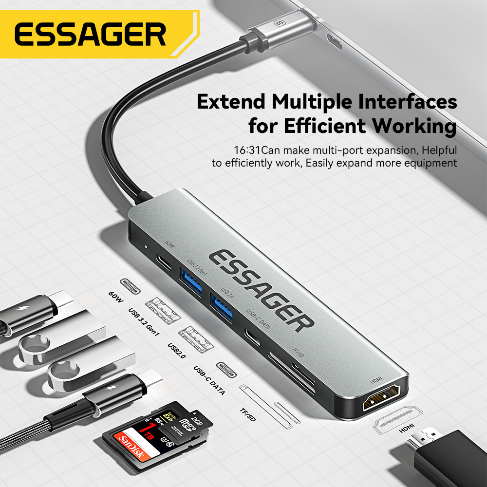 Essager QingHong 7 in 1 60W USB HUB 4K 30Hz Multifunction Ports Fast Transmission USB C Hub