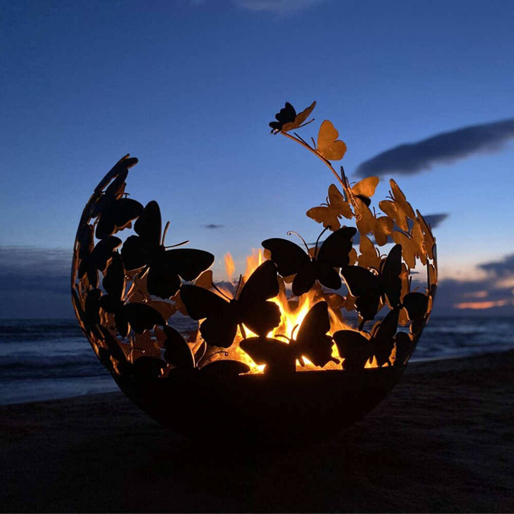 2024 New Design outdoor garden uk fairy vine leaf firepit round steel metal sphere globe fire pit, fire ball