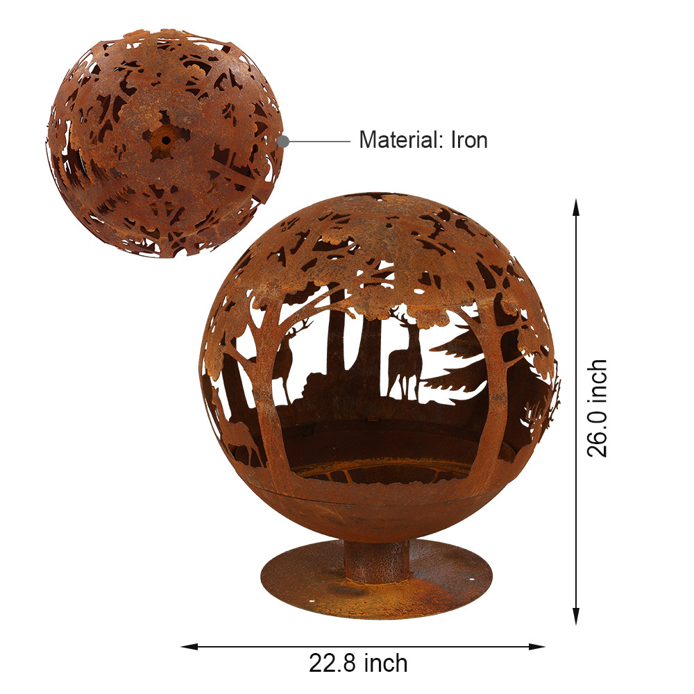 Esschert Design nature rust outdoor round steel metal world sphere globe fire pit, fire ball