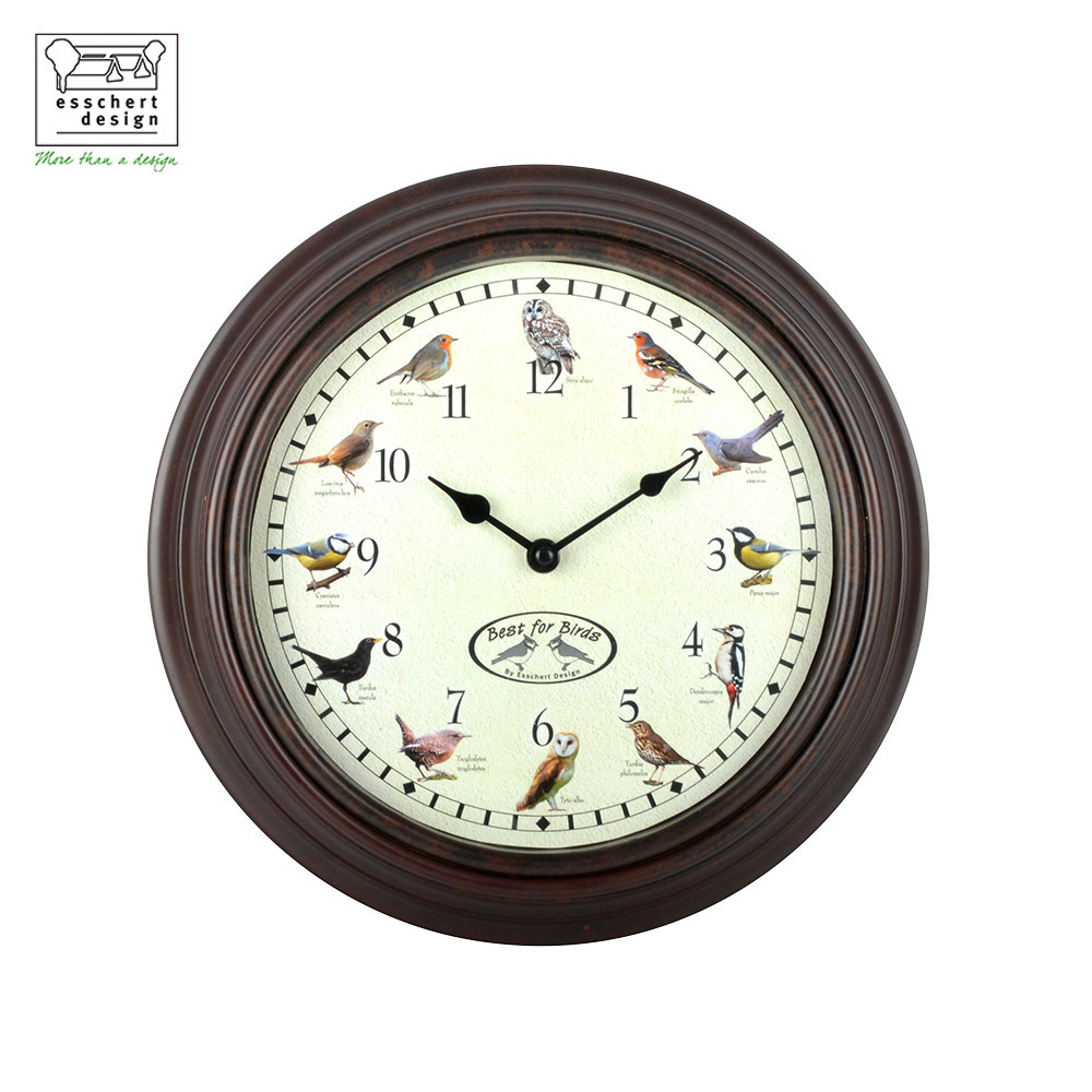 Esschert Design wholesale price quiet automatic time signaling bird sounds brown color plastic case glass lens with gift box