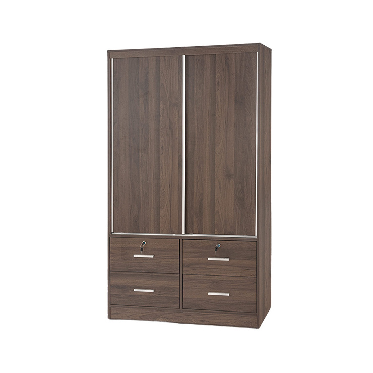 Factory Supply 2 Sliding Doors & 4 Drawers Classic Bedroom Wardrobe W4097 Columbia Walnut Hostel Clothes Cabinet