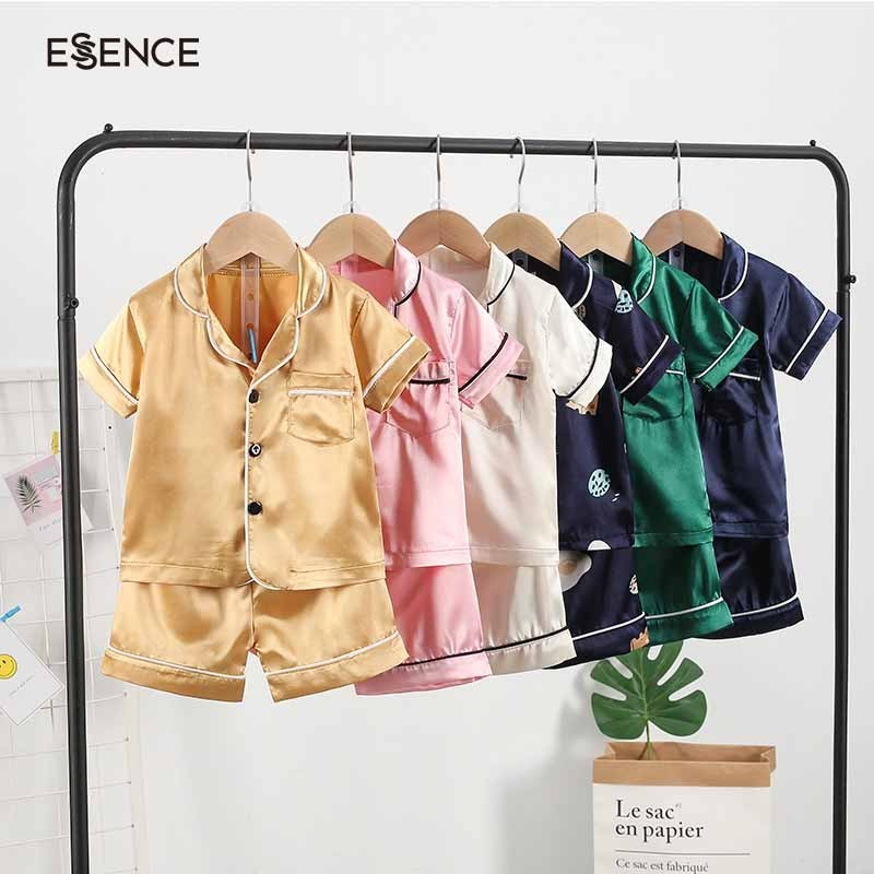 Cute Summer Short Children Pyjamas Satin Silk Pajamas Toddler Girls Boys Unisex Sleepwear Kids Pajamas