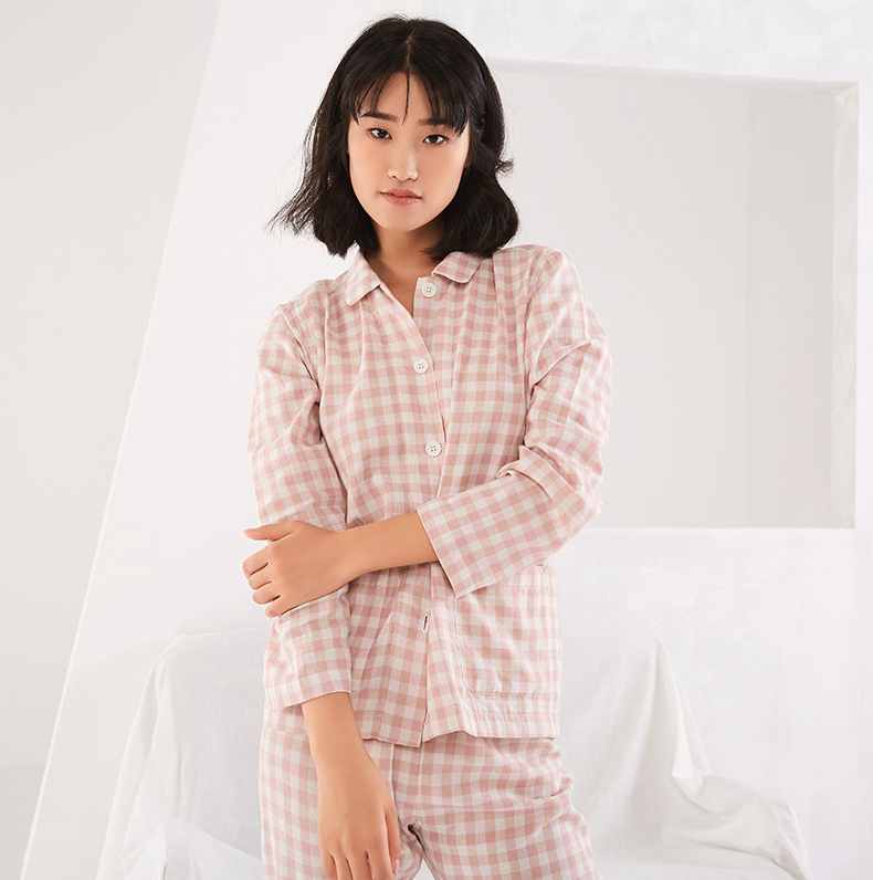 Wholesale Custom Long Sleeve 100% Cotton Pyjamas Sleepwear Causal Japan Plaid Bamboo Pajamas Loungewear Women Sets