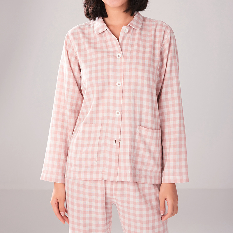 Wholesale Custom Long Sleeve 100% Cotton Pyjamas Sleepwear Causal Japan Plaid Bamboo Pajamas Loungewear Women Sets