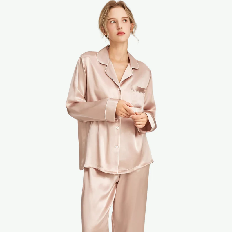 Long Sleeve Pyjamas Women Sleepwear with Piping Pijamas 100% Silk Fabric PJs Loungewear Women Sets Silk Pajamas