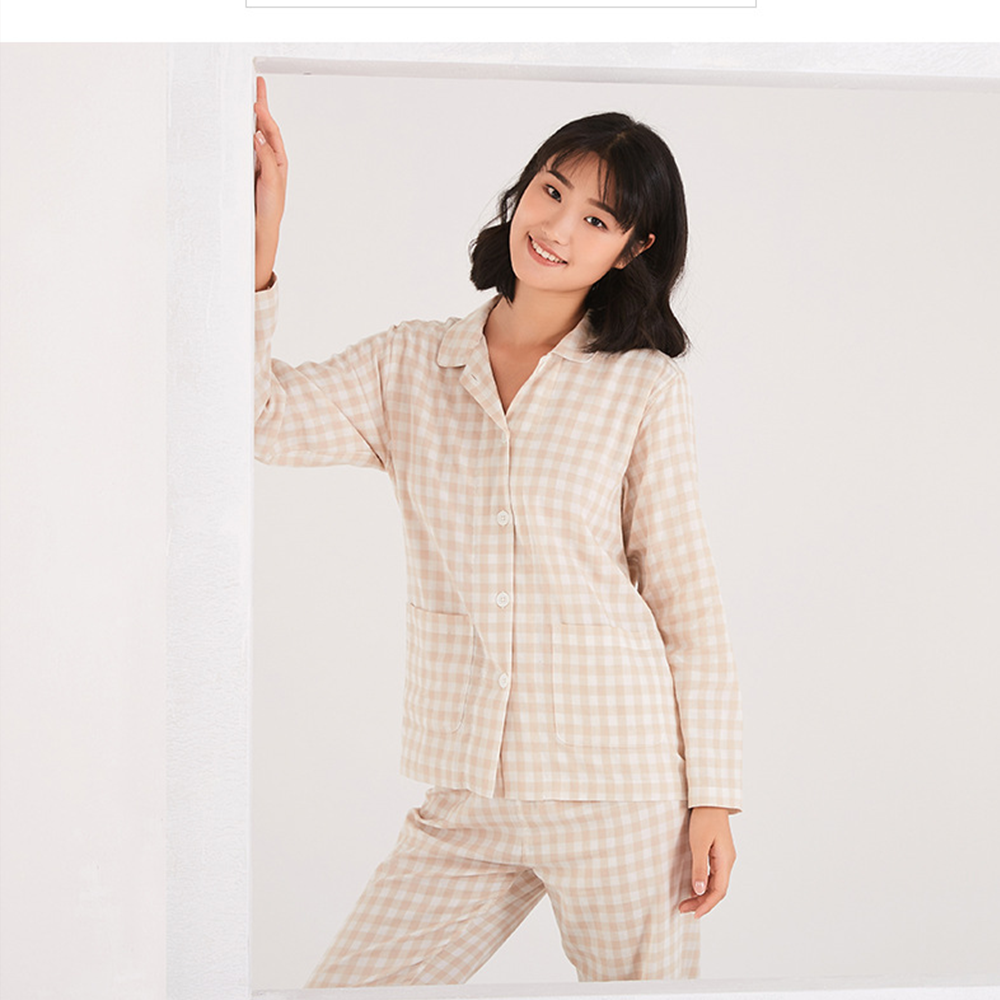 Wholesale Custom Long Sleeve 100% Cotton Pyjamas Sleepwear Causal Japan Plaid Bamboo Pajamas Loungewear Women Sets