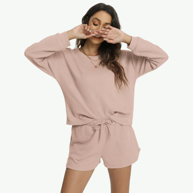 Design Waffle Long Sleeve Tops Organic Cotton Pajamas Sets Custom Bamboo Shorts Loungewear Women Set