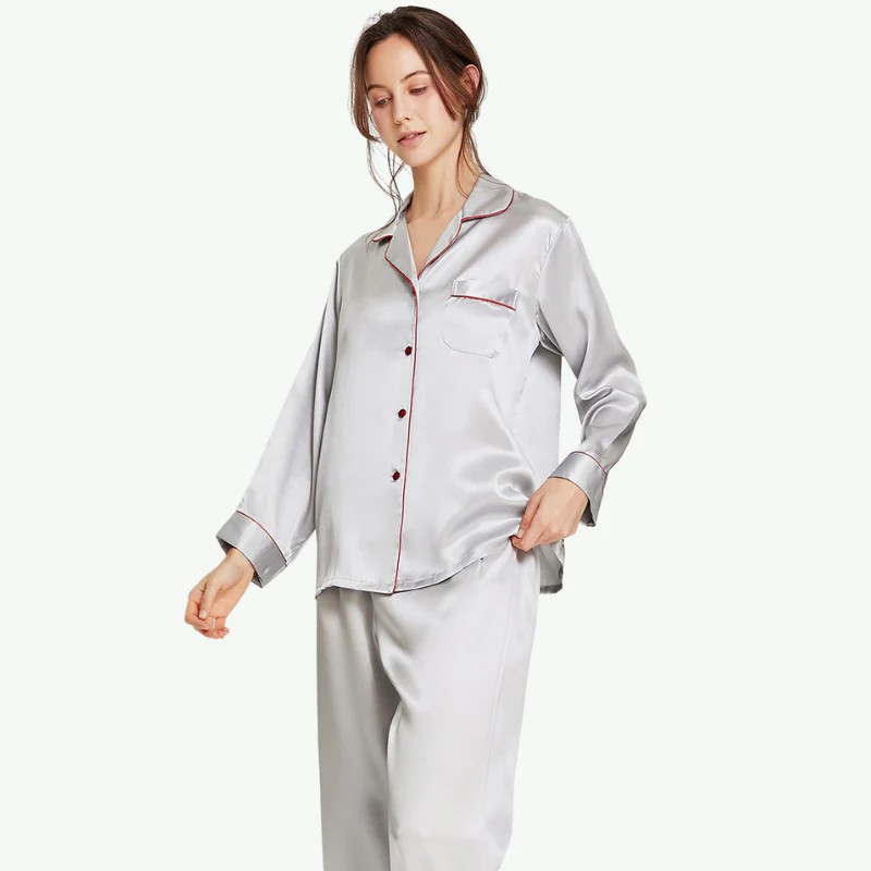 Long Sleeve Pyjamas Women Sleepwear with Piping Pijamas 100% Silk Fabric PJs Loungewear Women Sets Silk Pajamas