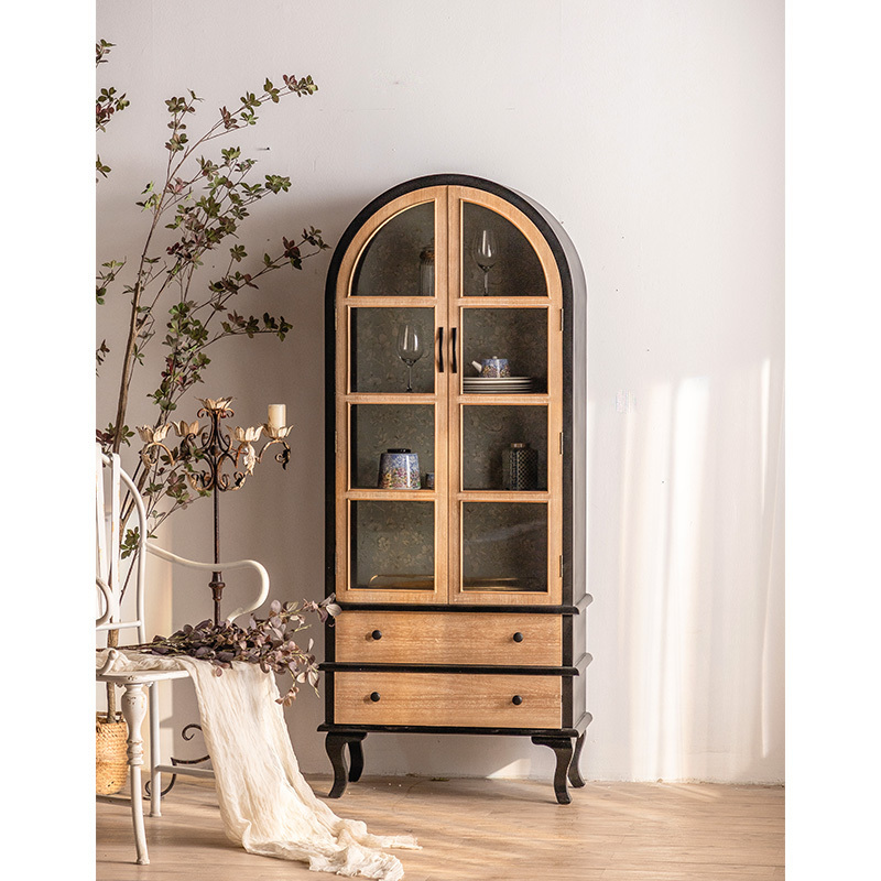 French Retro Home Furniture Storage Cabinet Solid Wood Frame And Glass Arch Side Oak Cabinet For Living Room