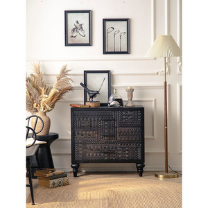 Essent Vintage French Furniture Bedroom Black Wooden Cabinet Carving Designs Solid Wood Chest Of Drawers For Living Room