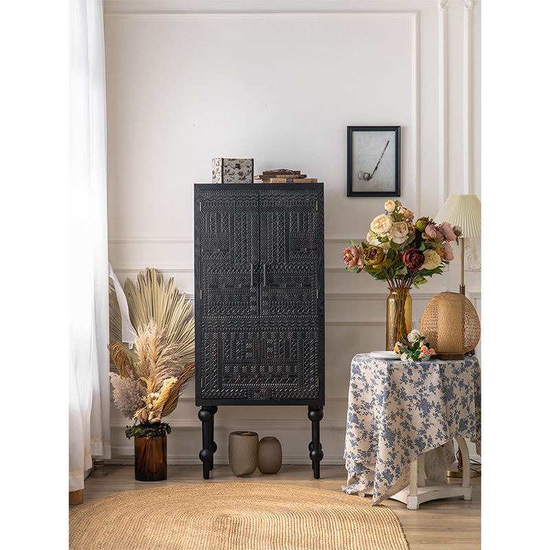 Essent Vintage French Furniture Bedroom Black Wooden Cabinet Carving Designs Solid Wood  Storage  Cabinet For Living Room