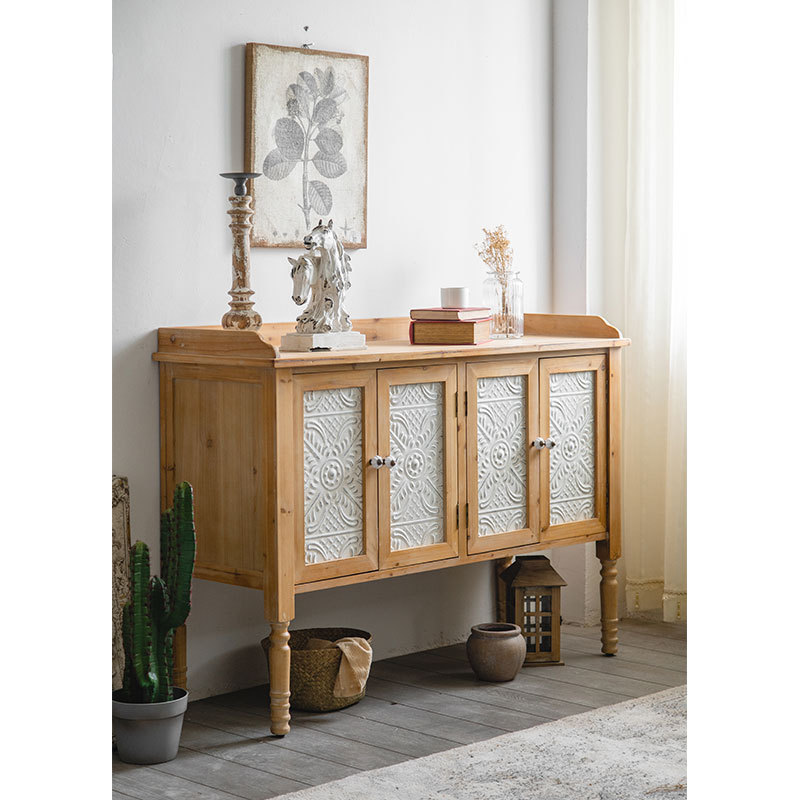 French Country rustic Wood 4 Doors Locker Sideboard Vintage Style Living Room Furniture White Wooden Buffet Storage Cabinet