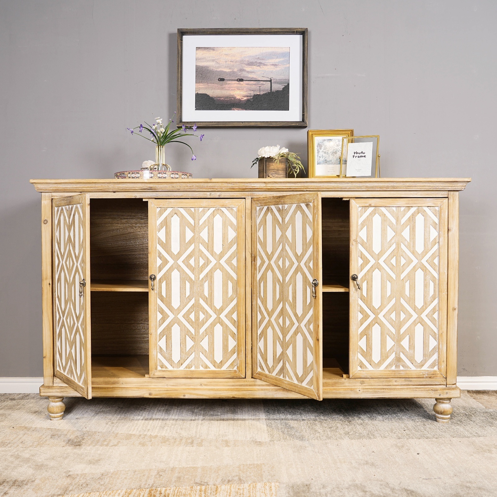 Essent Bohemian Style Wooden Storage Cabinets Living Room Buffet Sideboard Kitchen Cupboard Rustic Furniture Living Room Cabinet