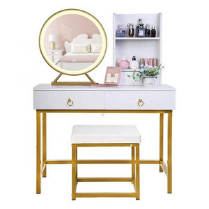 Dressing Table Makeup Speaker Vanity Table with Drawers LED Mirror and Stool Mirrored Dresser Mirrored Vanity Table