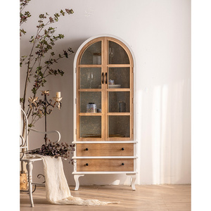 French Retro Home Furniture Storage Cabinet Solid Wood Frame And Glass Arch Side Oak Cabinet For Living Room