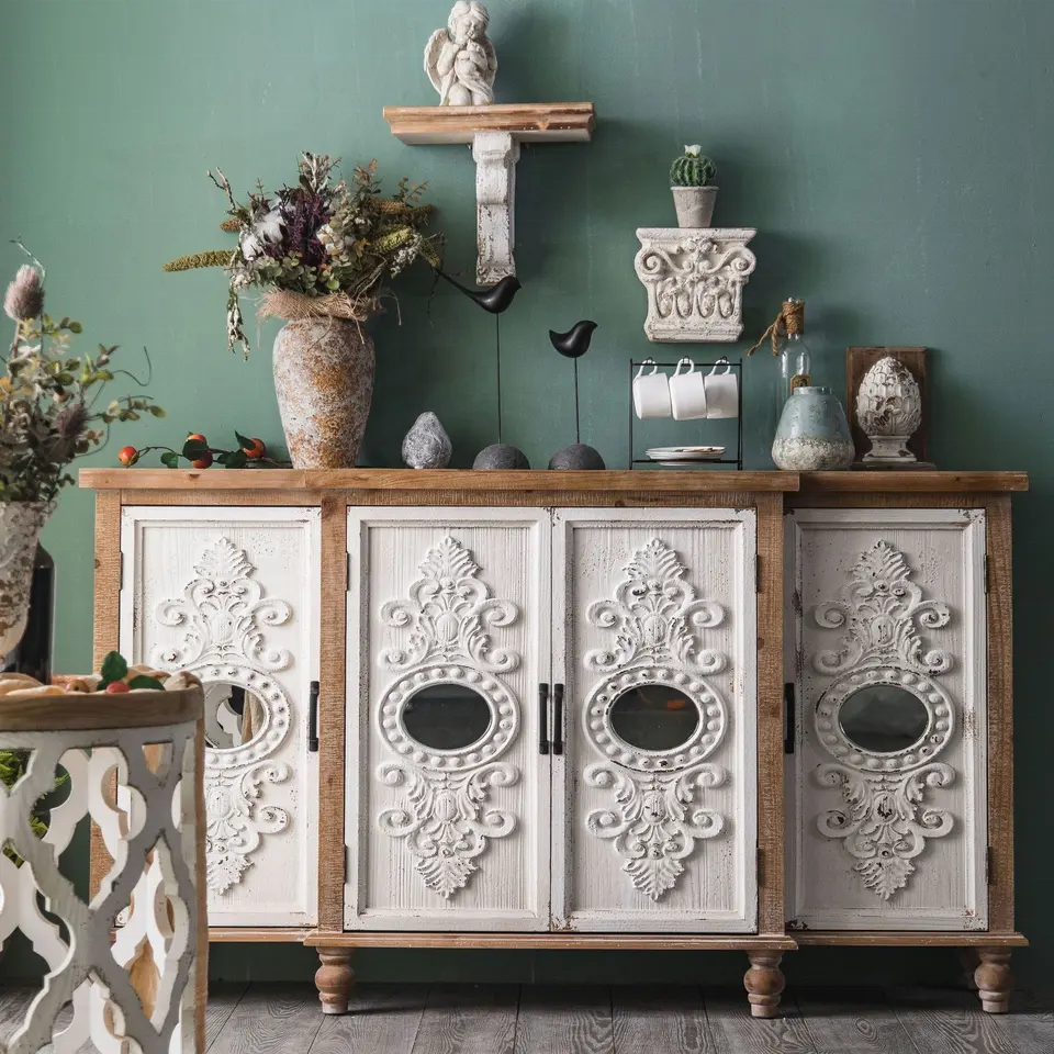 Nordic Classic Retro Furniture White Wooden Carved Craft 4 Doors Household Contemporary Living Room Cabinets Storage Cabinet