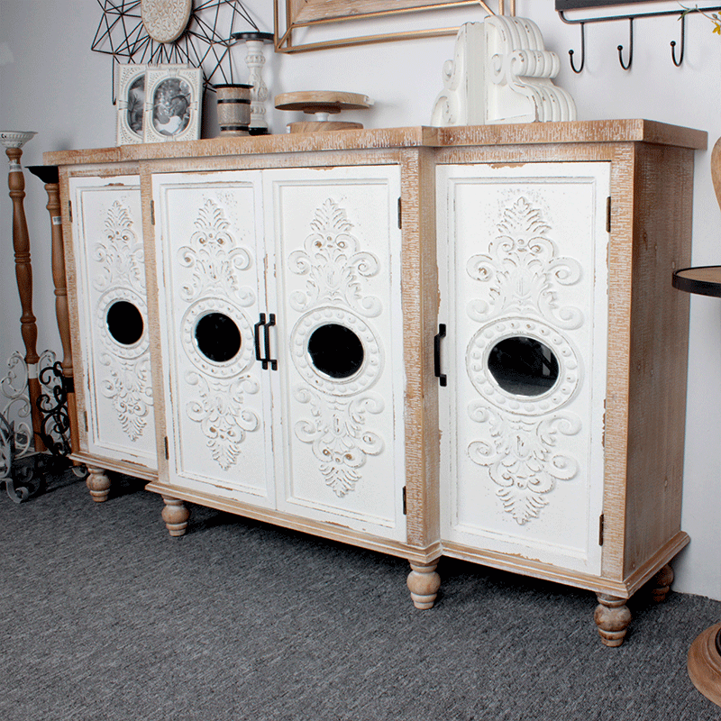 Nordic Classic Retro Furniture White Wooden Carved Craft 4 Doors Household Contemporary Living Room Cabinets Storage Cabinet