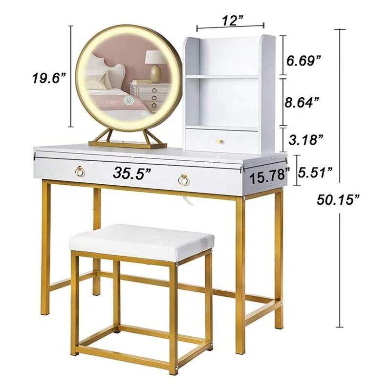 Dressing Table Makeup Speaker Vanity Table with Drawers LED Mirror and Stool Mirrored Dresser Mirrored Vanity Table