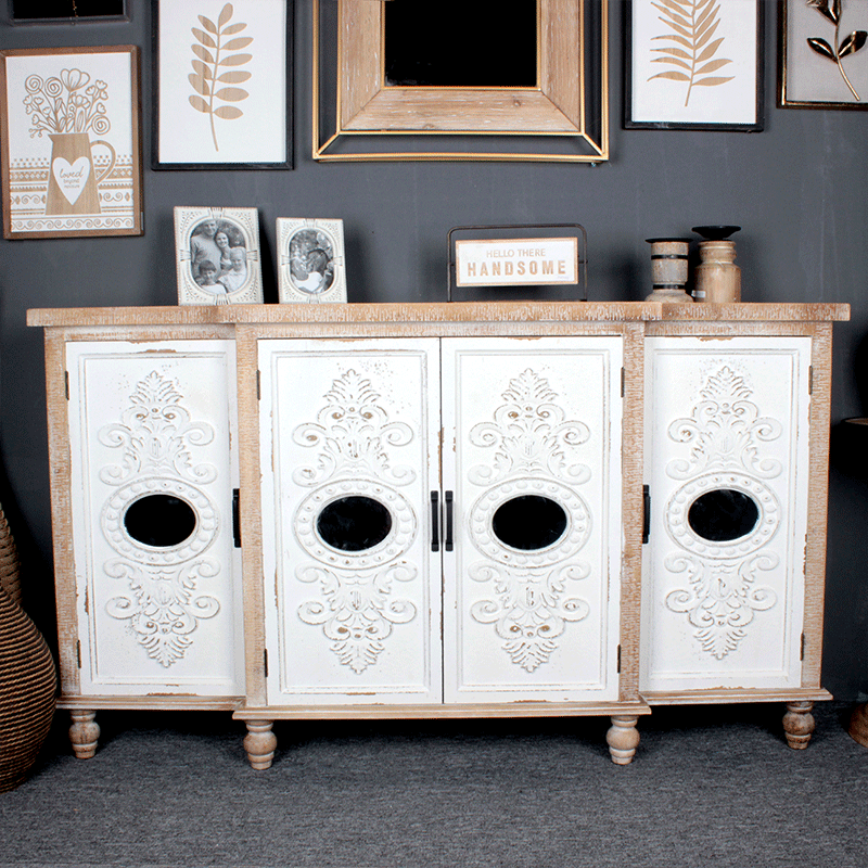 Nordic Classic Retro Furniture White Wooden Carved Craft 4 Doors Household Contemporary Living Room Cabinets Storage Cabinet