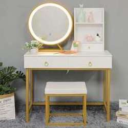 Dressing Table Makeup Speaker Vanity Table with Drawers LED Mirror and Stool Mirrored Dresser Mirrored Vanity Table