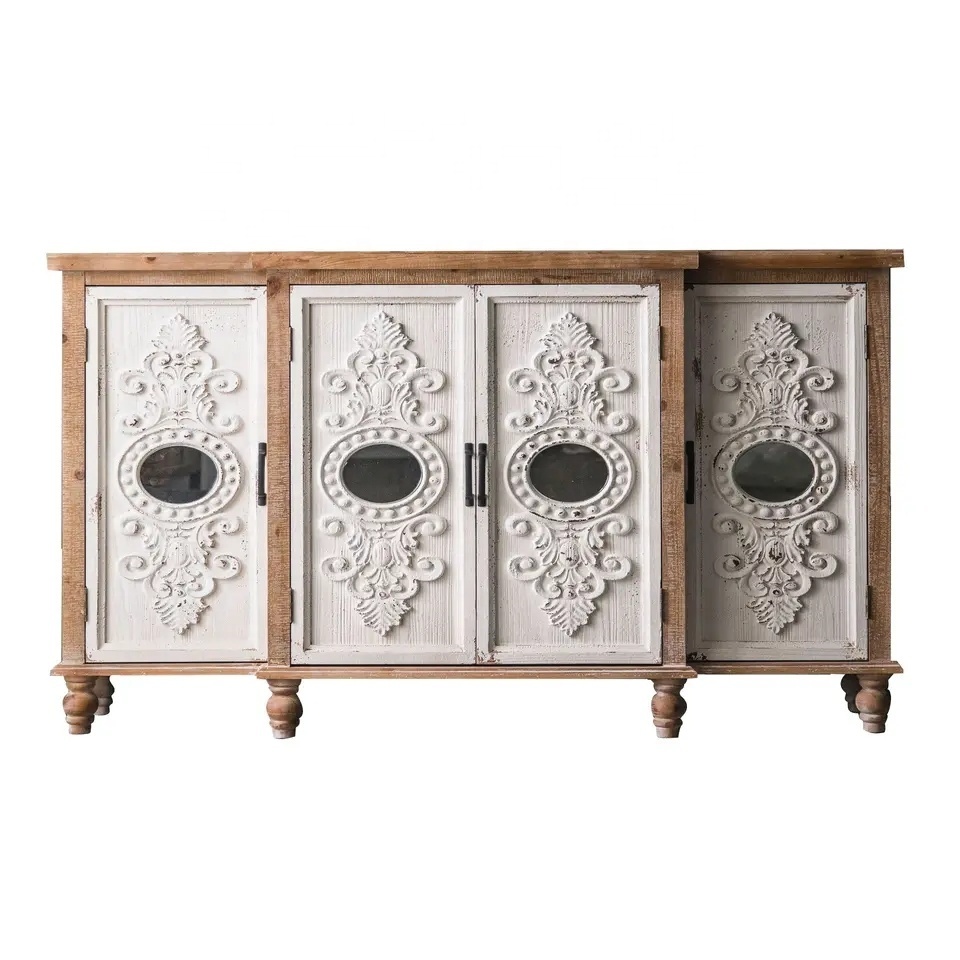 Nordic Classic Retro Furniture White Wooden Carved Craft 4 Doors Household Contemporary Living Room Cabinets Storage Cabinet