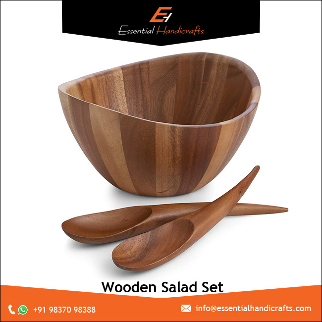 Wooden 3 Pieces  Serving Set wooden dough bowls wholesale with spoons For Dough And  Food Fruit Vegetables Salad