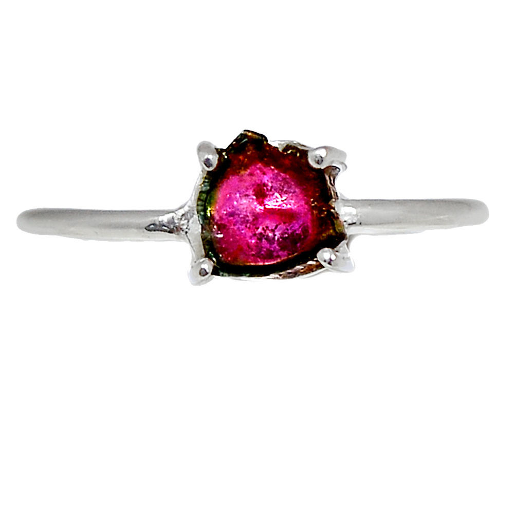 Silver Pink Green Watermelon Tourmaline Slice Ring, Heart Chakra Ring