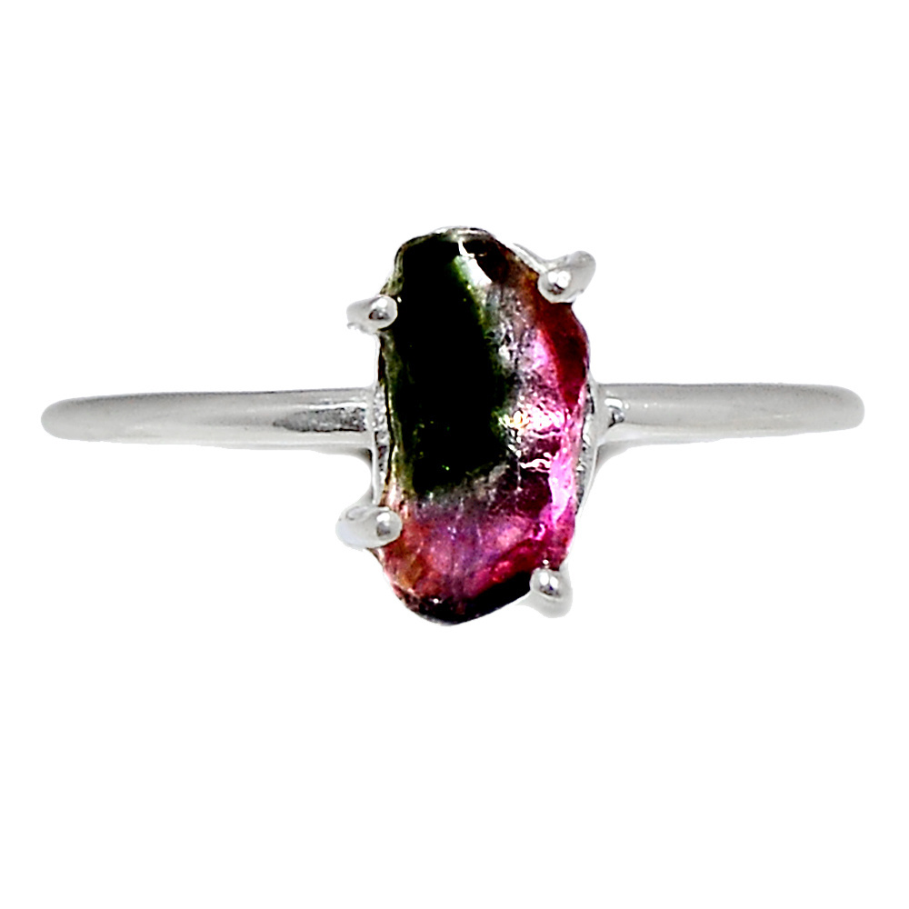 Silver Pink Green Watermelon Tourmaline Slice Ring, Heart Chakra Ring