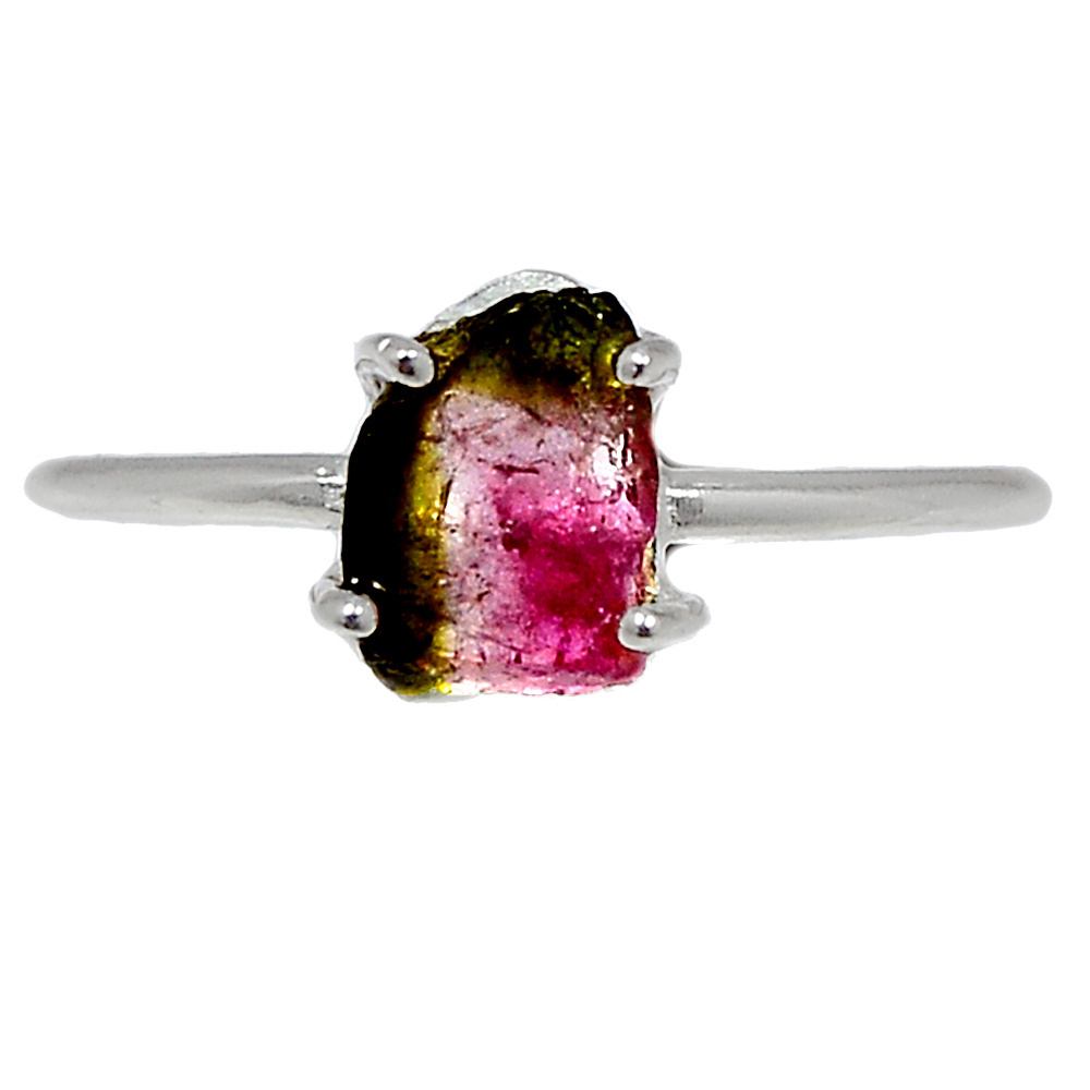 Silver Pink Green Watermelon Tourmaline Slice Ring, Heart Chakra Ring