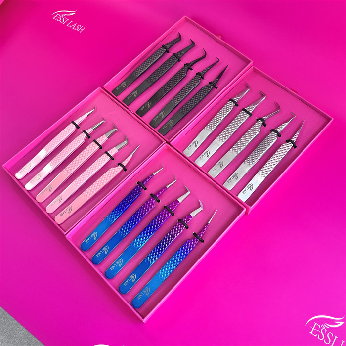 Wholesale Fiber Tip Tweezers Custom Tweezers Packaging Box stainless Steal Eyelash Tweezers Bulk