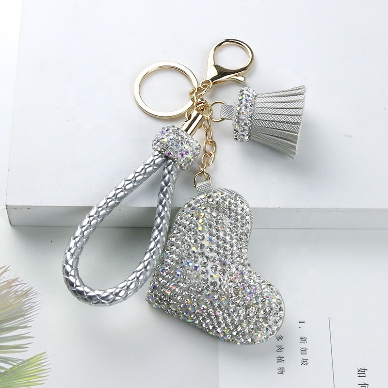 Hotsale Heart Bling Rhinestone Keychain Novelty Tassel Weave Wristlet Bag Charm Keychain For Women Lady Gift