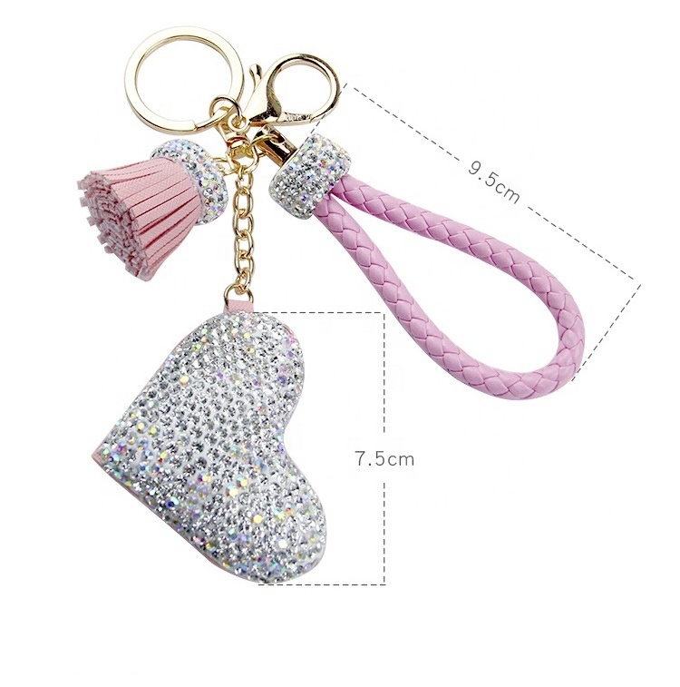 Hotsale Heart Bling Rhinestone Keychain Novelty Tassel Weave Wristlet Bag Charm Keychain For Women Lady Gift