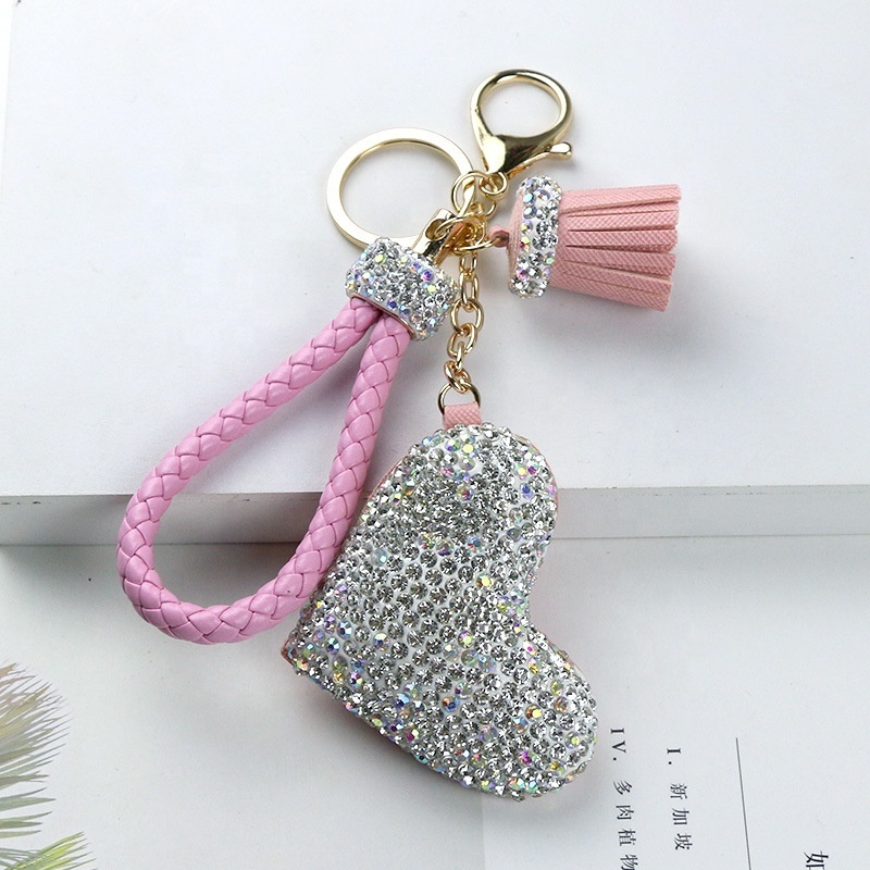 Hotsale Heart Bling Rhinestone Keychain Novelty Tassel Weave Wristlet Bag Charm Keychain For Women Lady Gift