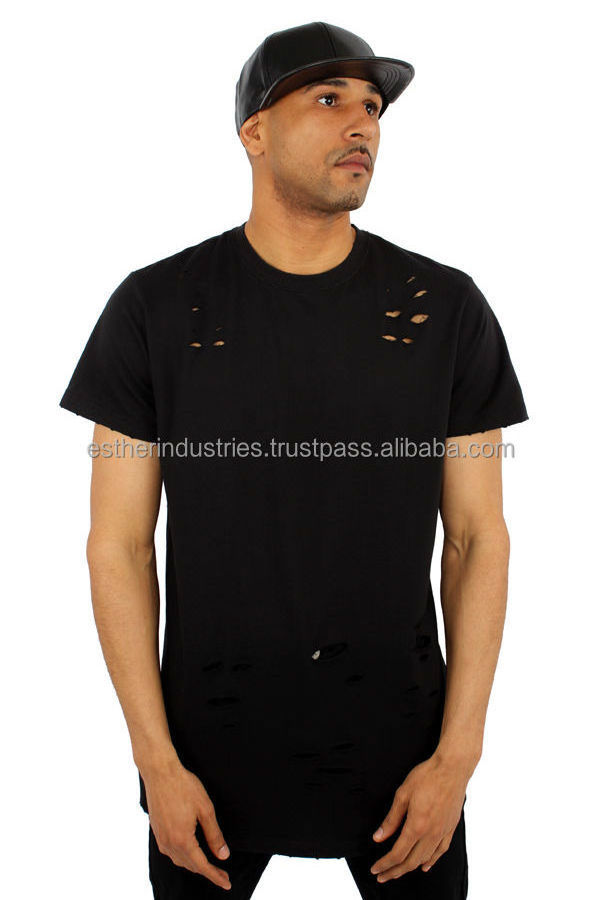 Terry Cotton Ripped Long Drop Hi Low Tail T-Shirt Streetwear Hip Hop Dance/Streetwear Distressed t Shirt