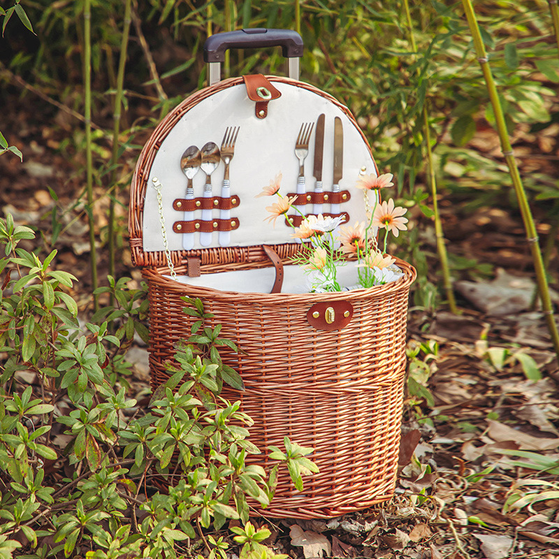 Estick Factory Rattan Wicker Handwoven Insulated With Lid Handle Picnic Basket Box Portable Storage Basket With Low Price