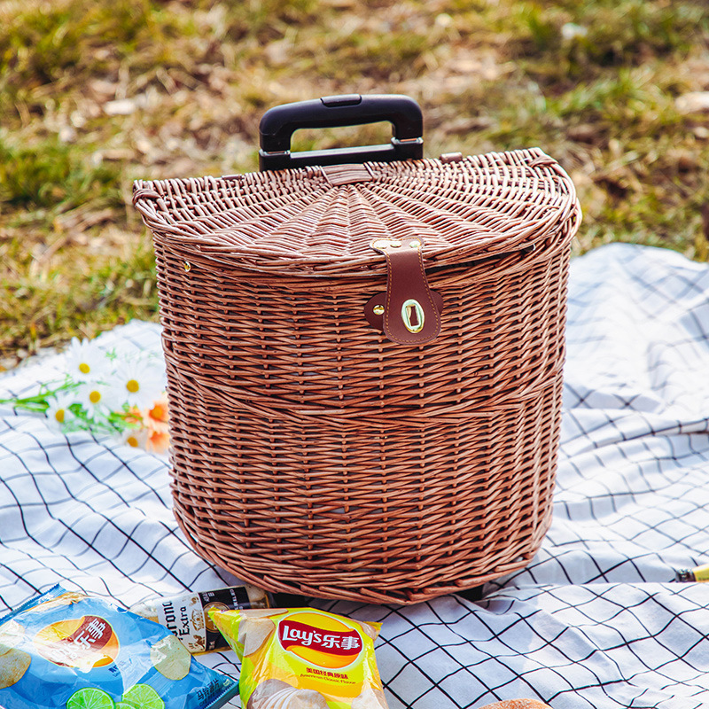 Estick Factory Rattan Wicker Handwoven Insulated With Lid Handle Picnic Basket Box Portable Storage Basket With Low Price